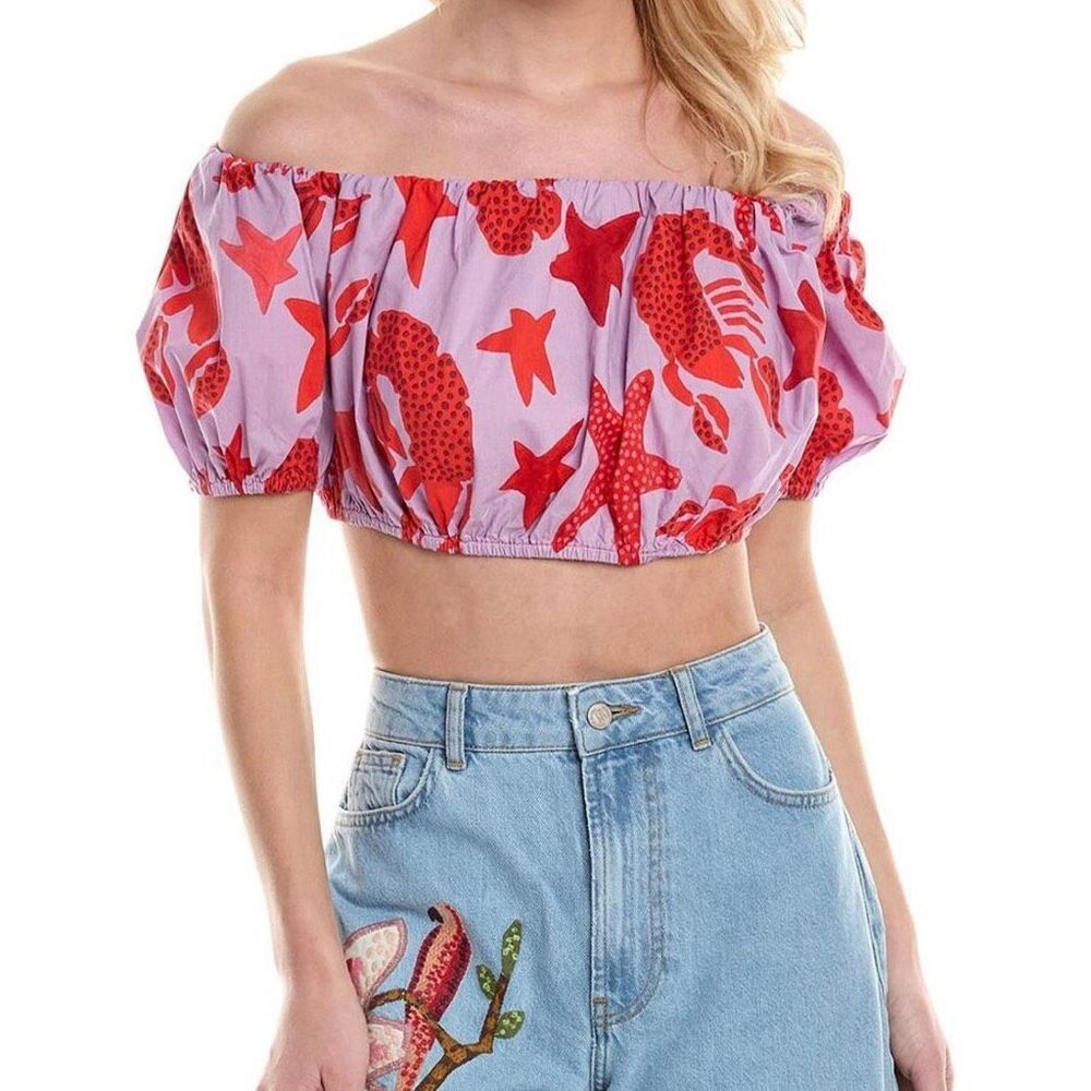 FARM Rio Lobster Sky Off Shoulder Crop Top Medium Anthropologie - Picture 4 of 12